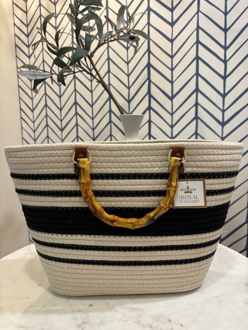 Striped Black & Cream Market Tote Bag with Bamboo Handles